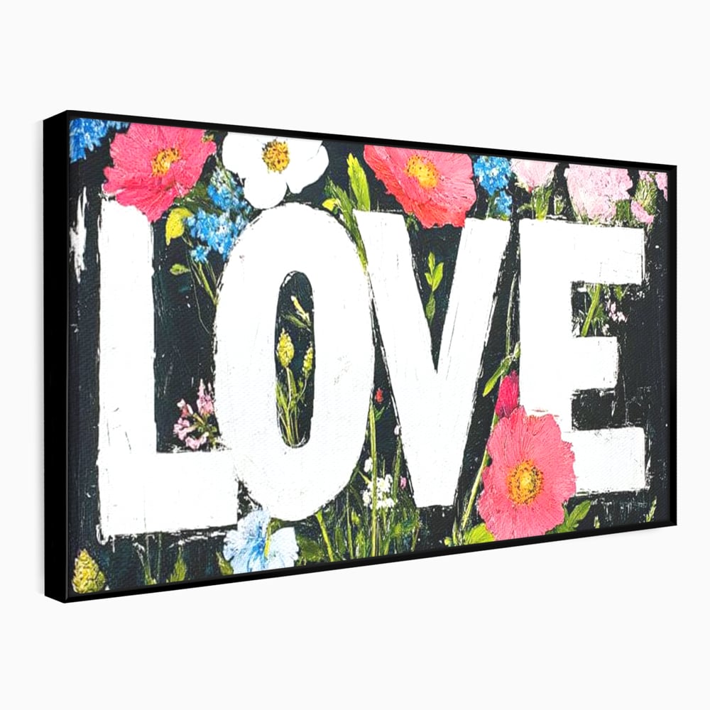 Tablou canvas cu tablou canvas cu flori si cuvantul love, in rama de aluminiu negru